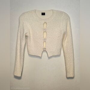 Cozy Cream Fuzzy Cropped Cardigan with Rhinestone Heart Buttons